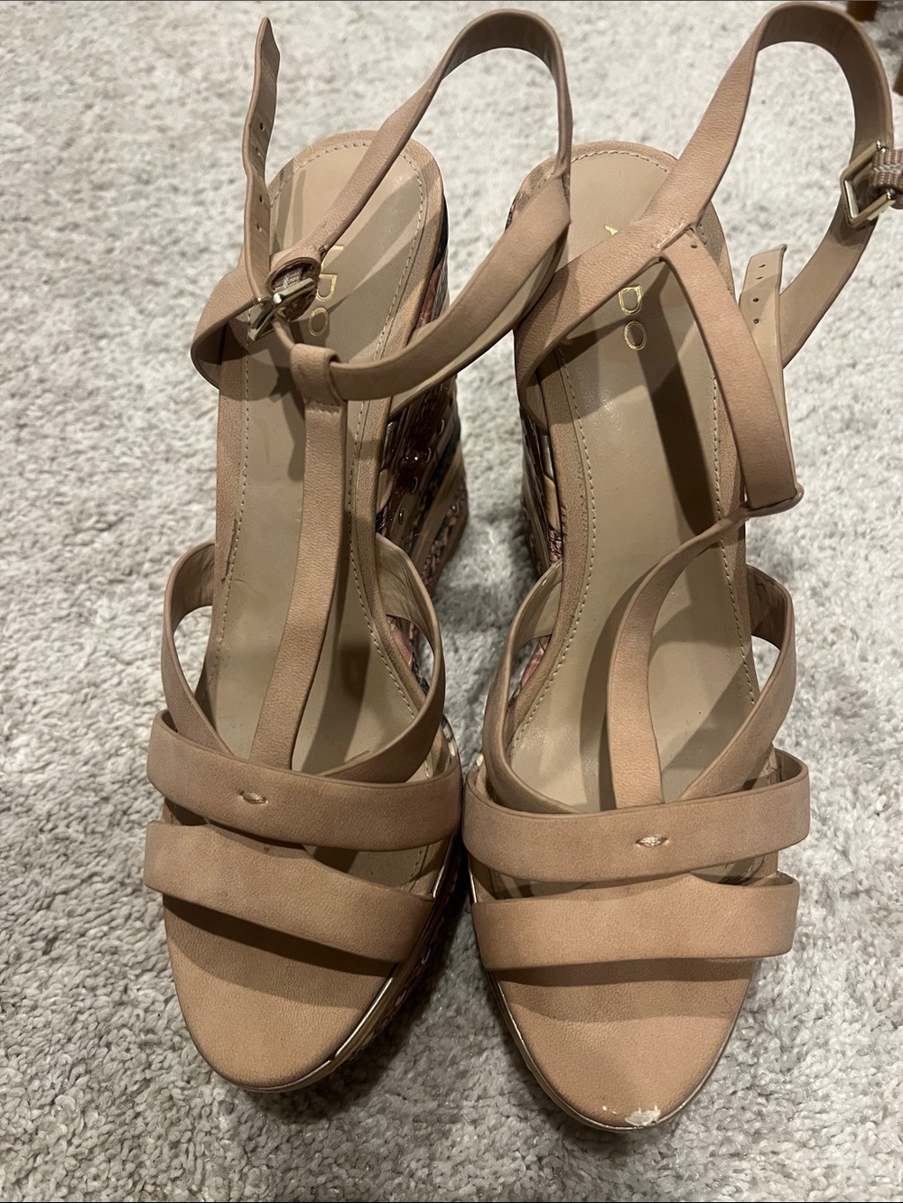 Aldo Nude/Tan Strappy Platform Wedge Sandals